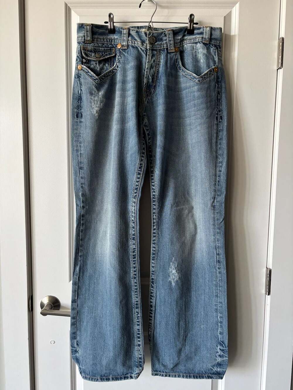 MEK Denim Oaxaca Size 36x34 Distressed Flared Jeans